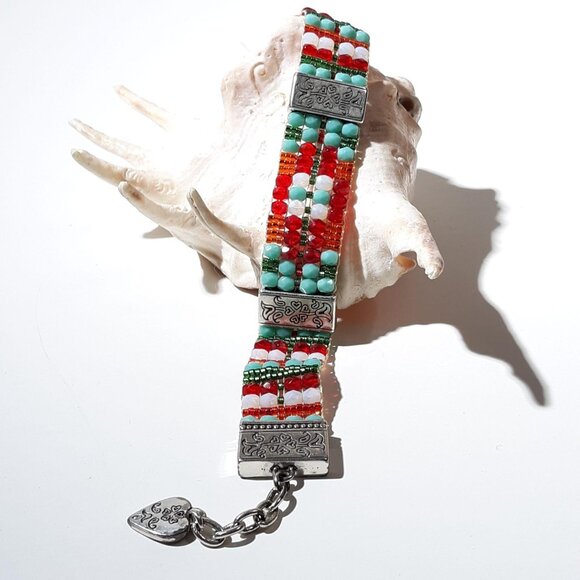 Tribal Bead Bracelet Silvertone Turquoise Red Blue Glass Lobster Clasp 8" - Picture 2 of 6